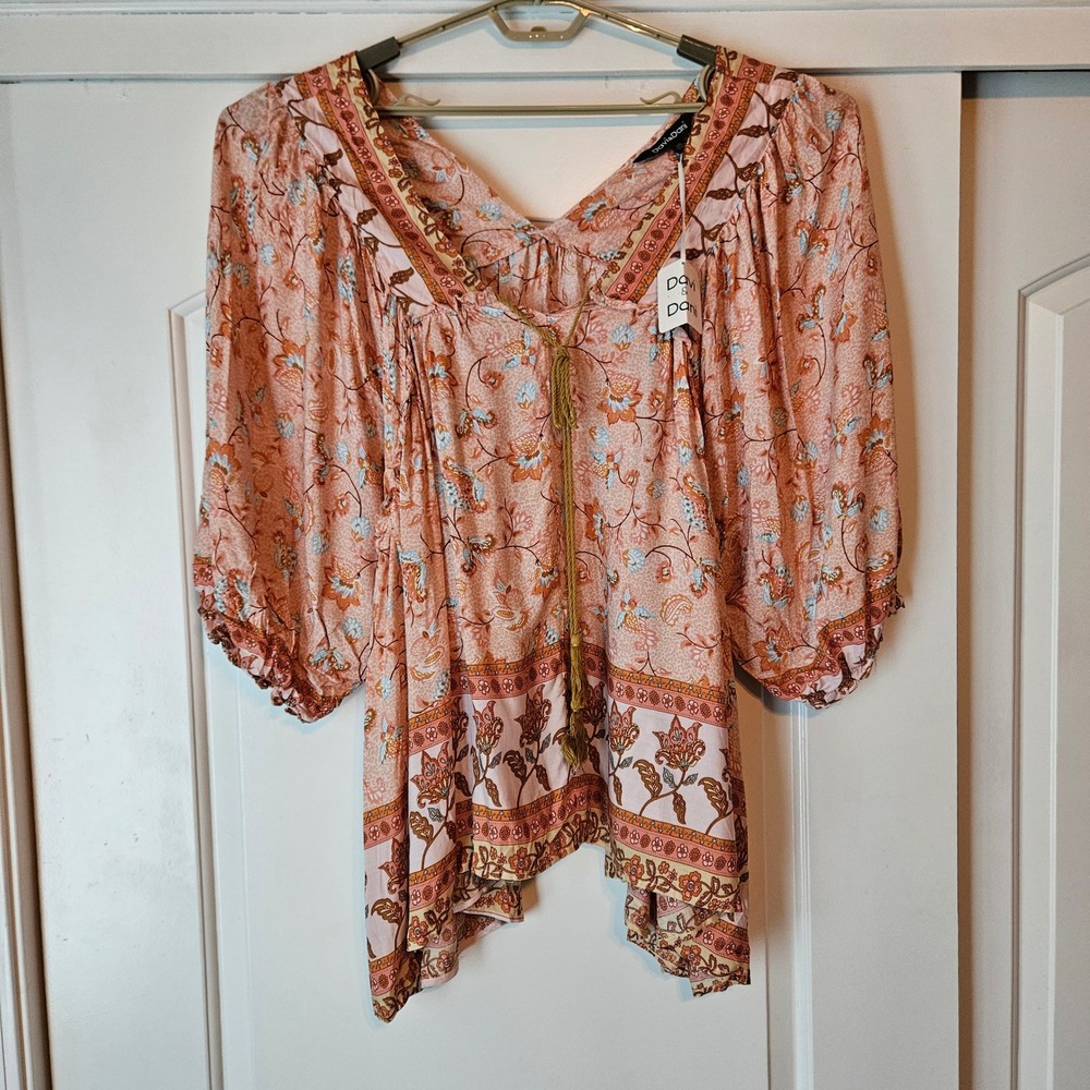 Pink Floral Boho Tassel Tie Blouse Top 3XL Puff Sleeve Flowy Feminine Festival